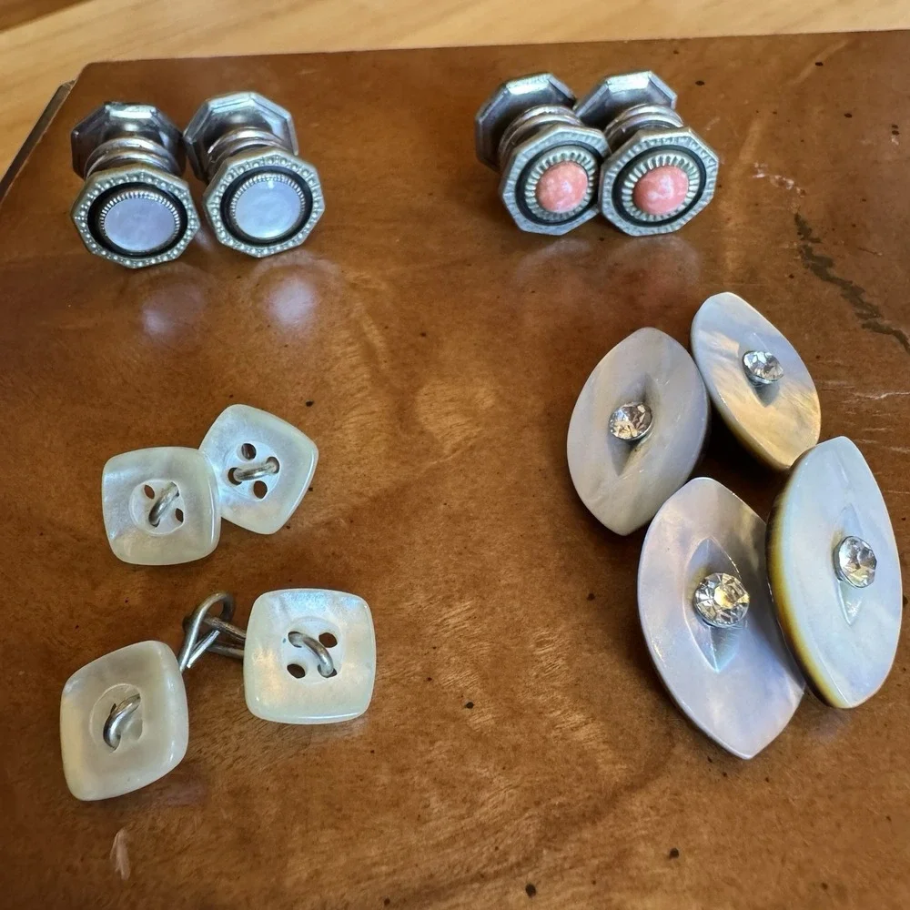 Lot 4 Vintage Cufflinks MOP Rhinestone & Deco Style Coral &‎ White Sets